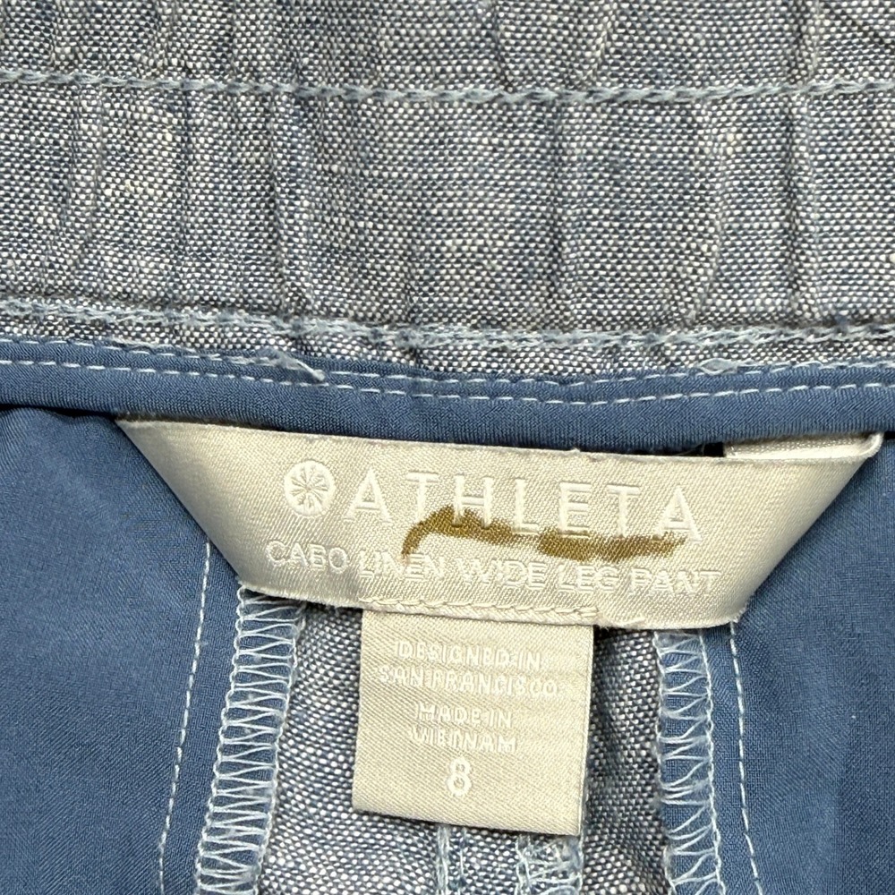 Athleta Cabo Linen Wide Leg Pant Women 8 Blue Smocked Waist Pocket Boho Travel - Picture 6 of 11